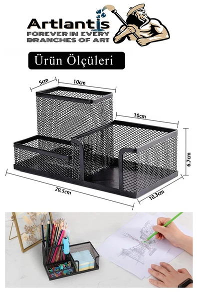 Masaüstü Metal Kalemlik Seti 3 lü Kombo 1 Paket Fileli Perfore Siyah Kalemlik Ataşlık Kağıtlık Küpnotluk Düzenleyici - 3