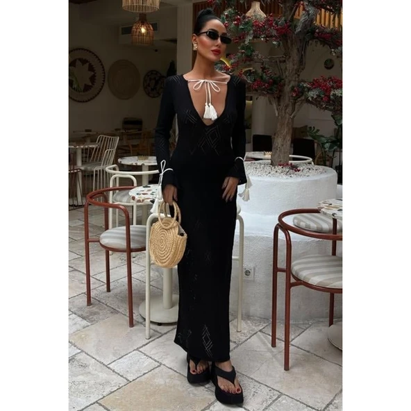 Püskül Lucky Life Kadın Bağcık Detaylı V Yaka Ajurlu Elbise - 7