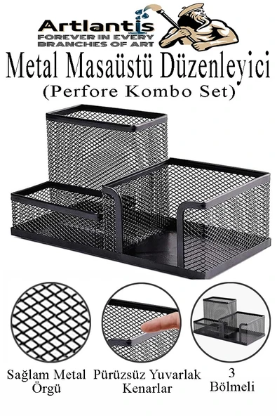 Masaüstü Metal Kalemlik Seti 3 lü Kombo 1 Paket Fileli Perfore Siyah Kalemlik Ataşlık Kağıtlık Küpnotluk Düzenleyici - 2