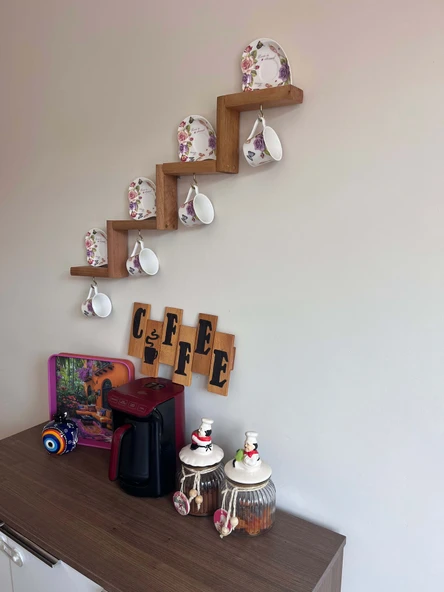 Dekoratif Ahşap Merdiven Raf – Duvar Organizeri | Mutfak & Fincan Askılı Kahve Köşesİ - 3
