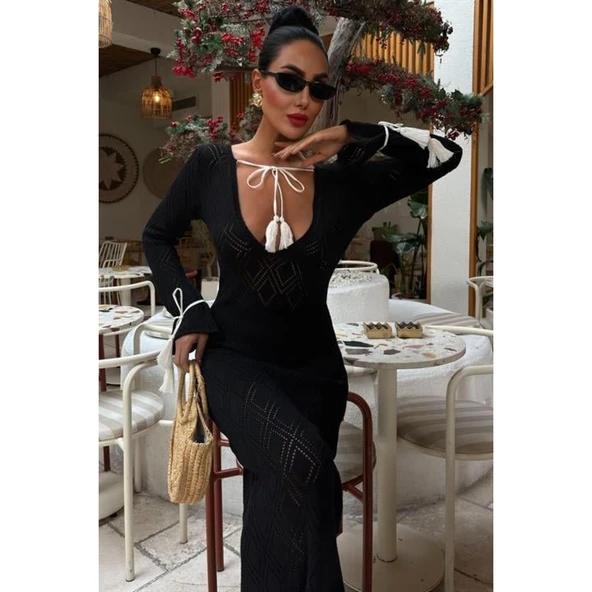 Püskül Lucky Life Kadın Bağcık Detaylı V Yaka Ajurlu Elbise - 6