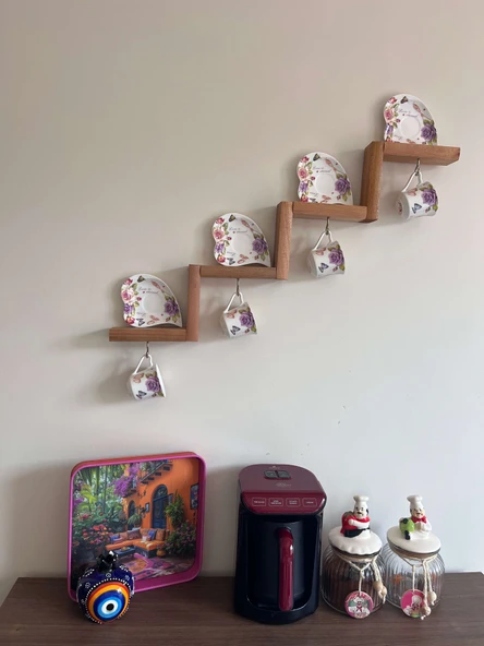 Dekoratif Ahşap Merdiven Raf – Duvar Organizeri | Mutfak & Fincan Askılı Kahve Köşesİ - 4