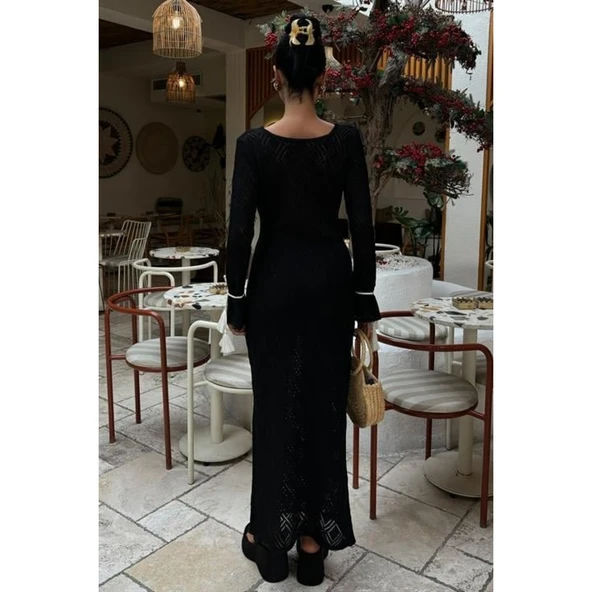 Püskül Lucky Life Kadın Bağcık Detaylı V Yaka Ajurlu Elbise - 4