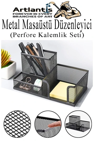 Masaüstü Metal Kalemlik Seti 3 lü Kombo 1 Paket Fileli Perfore Siyah Kalemlik Ataşlık Kağıtlık Küpnotluk Düzenleyici