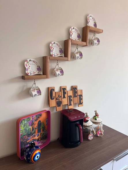 Dekoratif Ahşap Merdiven Raf – Duvar Organizeri | Mutfak & Fincan Askılı Kahve Köşesİ