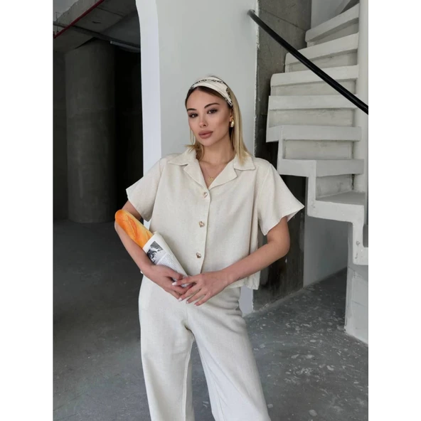 Lucky Life Kadın Keten Kısa Kollu Gömlek Pantolon Ikili Takım - Beyaz