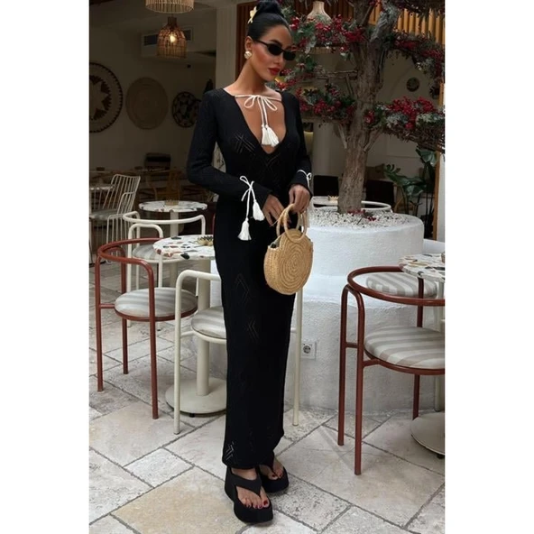 Püskül Lucky Life Kadın Bağcık Detaylı V Yaka Ajurlu Elbise - 2