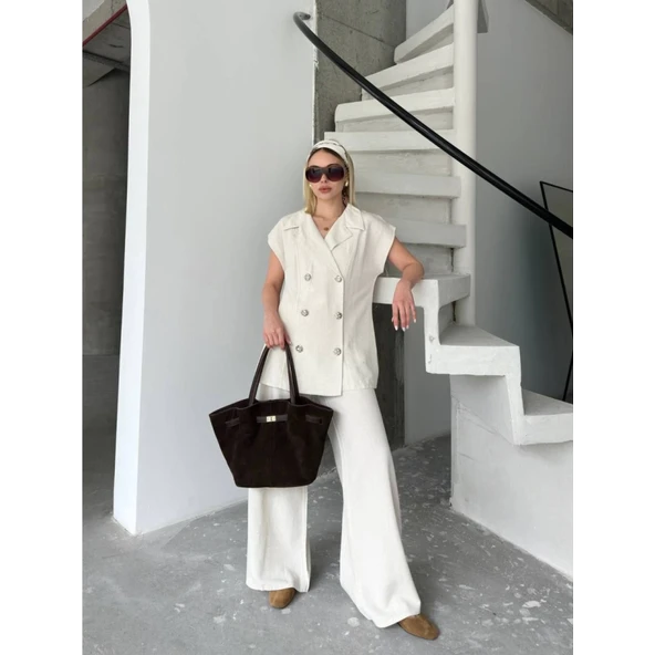 Lucky Life Kadın Keten Sıfır Kol Blezer Ceket Pantolon Ikili Takım- Beyaz