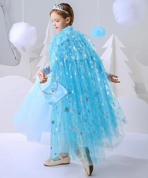 Karlar Ülkesi Elsa Frozen Mavi Pelerin 80 Cm Kar Desenli Çocuk Pelerini Taç Hariç