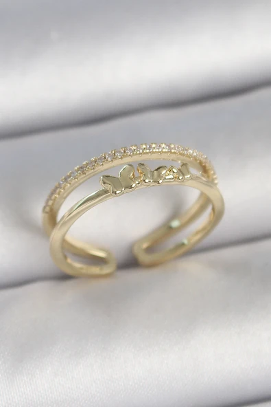 Pirinç Gold Renk 2'Li Sıra Zirkon Taş Detaylı Kelebek Figürlü Ayarlanabilir Model Kadın Yüzük - TJ-BYK3733