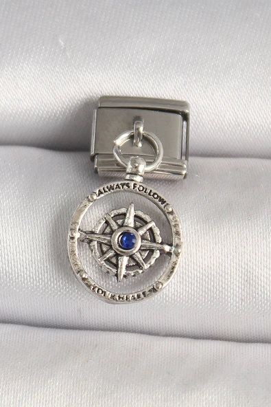 Gümüş Renk Mavi Taş Detaylı Pusula Model Nomination Charm - EBJ250501W32906 - 1