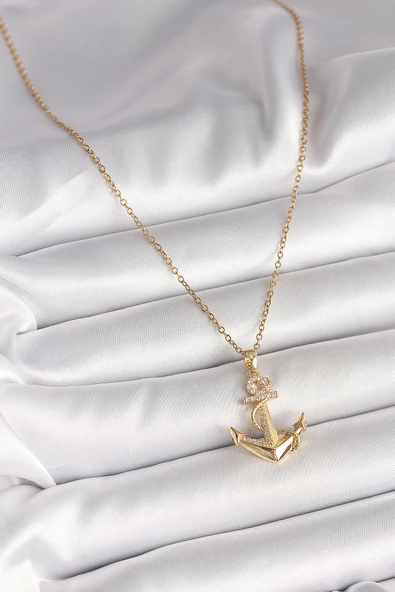 Gold Renk Zincir Zirkon Taş Detaylı Çapa Model Kadın Kolye - EBJ250501W32728 - Resim 2