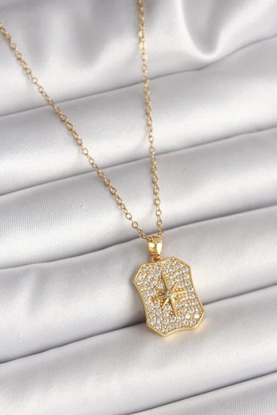 Gold Renk Zincir Zirkon Taşlı Kutup Yıldız İşlemeli Madalyon Model Kadın Kolye - EBJ250501W32720 ürün görseli