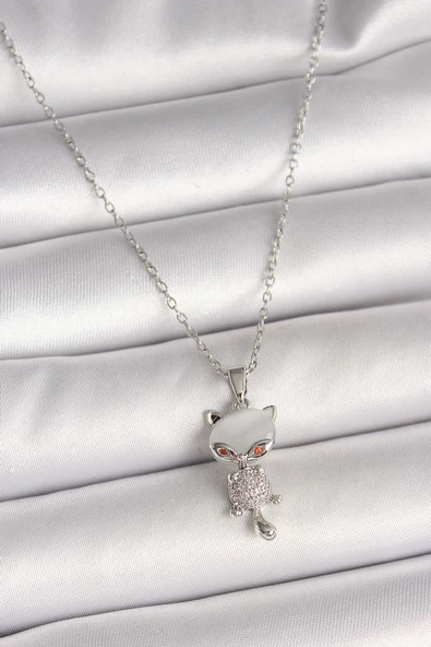 Gümüş Renk Zincir Zirkon Taşlı Kedi Model Kadın Kolye - EBJ250501W32759 ürün görseli