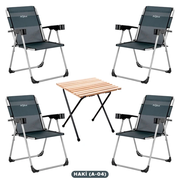 4 Adet Katlanır Kamp Sandalyesi ve Masa Seti - Rock - Haki A-04 - Bardaklıklı - 140 KG