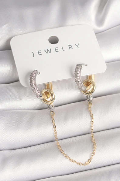 Pirinç Mix Renk Zirkon Taşlı Sallantı Zincir Model Kadın Küpe - EBJ250501W32784 ürün görseli