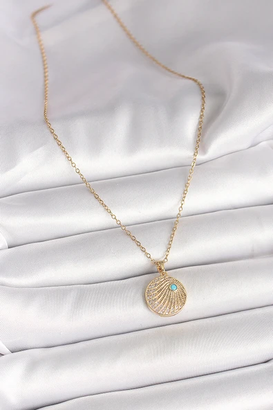 Gold Renk Zincir Zirkon Taş İşlemeli Mavi Taş Detaylı Madalyon Model Kadın Kolye - EBJ250501W32742 - Resim 2