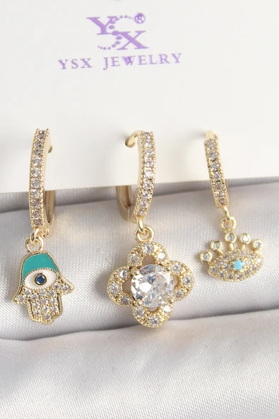 Pirinç Gold Renk Zirkon Taşlı Fatma Ana El Yonca Figür Göz Detay 3'Lü Kadın Kombin Küpe - EBJ250501W33139 ürün görseli