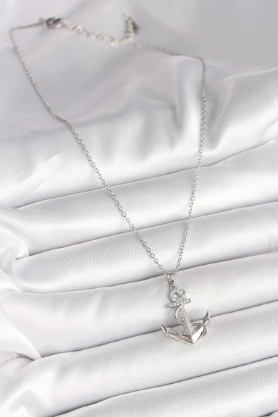 Gümüş Renk Zincir Zirkon Taş Detaylı Çapa Model Kadın Kolye - EBJ250501W32729 - Resim 2