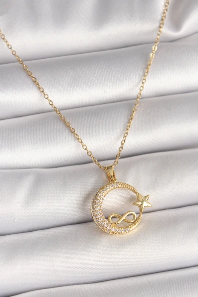 Gold Renk Zincir Zirkon Taşlı Ay Yıldız Model Sonsuzluk Detay Kadın Kolye - EBJ250501W32778