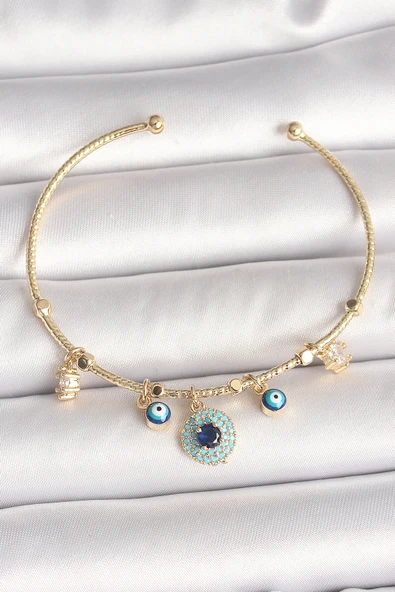 Pirinç Gold Renk Zirkon Taşlı Nazar Boncuk Detay Charm Kadın Bileklik - EBJ250501W32805
