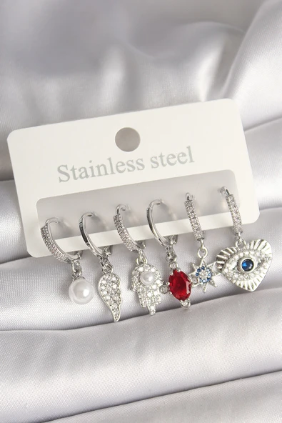 Pirinç Gümüş Renk Zirkon Taşlı Fatma Ana El Figür Kadın Küpe Seti - EBJ250501W32787 ürün görseli