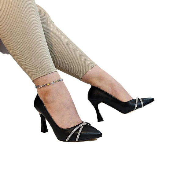 Fiyra 7030 Siyah Örgü Taşlı Kadeh Topuk Stiletto Topuklu Ayakkabı - 3