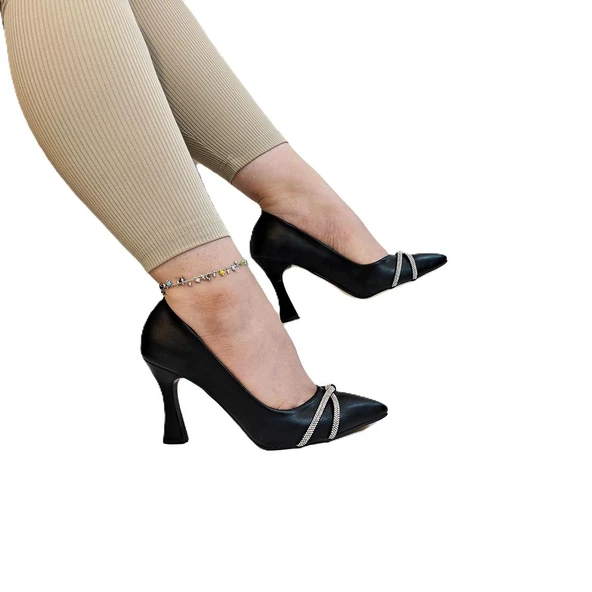 Fiyra 7030 Siyah Örgü Taşlı Kadeh Topuk Stiletto Topuklu Ayakkabı