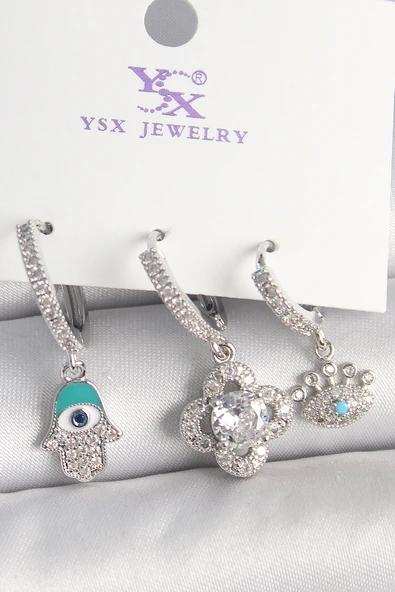 Pirinç Gümüş Renk Zirkon Taşlı Fatma Ana Yonca Figür Göz Detay 3'Lü Kadın Kombin Küpe - EBJ250501W33140 ürün görseli