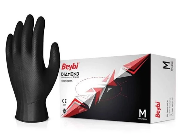 Beybi Diamond Pudrasız Kalın Siyah Nitril Eldiven Medium 100 Adet