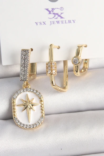 Pirinç Gold Renk Sallantı Zirkon Taş İşlmeli Yıldız Portre Model 3'Lü Kadın Kombin Küpe - EBJ250501W33142 ürün görseli