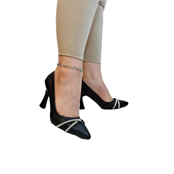 Fiyra 7030 Siyah Örgü Taşlı Kadeh Topuk Stiletto Topuklu Ayakkabı - 2