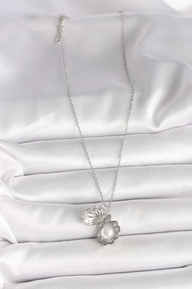 Gümüş Renk Zincir Açılır İncili Midye Model Kadın Kolye - EBJ250501W32773 - Resim 3