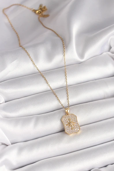 Gold Renk Zincir Zirkon Taşlı Kutup Yıldız İşlemeli Madalyon Model Kadın Kolye - EBJ250501W32720 - Resim 2