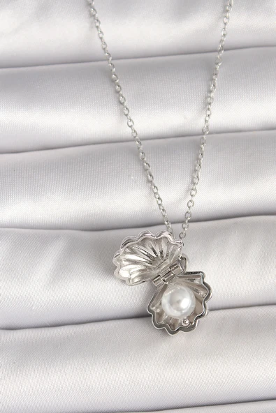 Gümüş Renk Zincir Açılır İncili Midye Model Kadın Kolye - EBJ250501W32773 - Resim 2