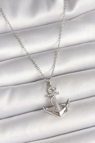 Gümüş Renk Zincir Zirkon Taş Detaylı Çapa Model Kadın Kolye - EBJ250501W32729 ürün görseli