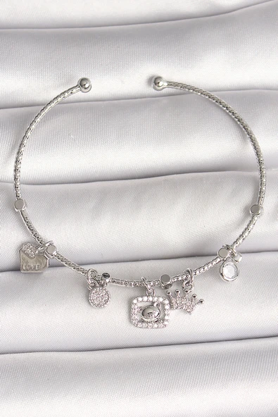 Pirinç Gümüş Renk Sallantı Zirkon Taşlı Ayıcık Figür Taç Detay Charm Kadın Bileklik - EBJ250501W32829 ürün görseli