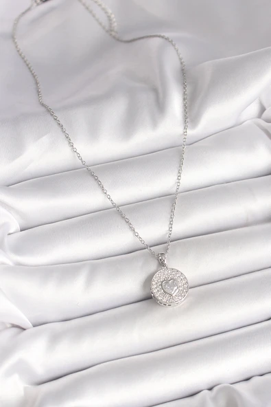 Gümüş Renk Zincir Zirkon Taşlı Kalp İşlemeli Madalyon Model Kadın Kolye - EBJ250501W32725 - Resim 2