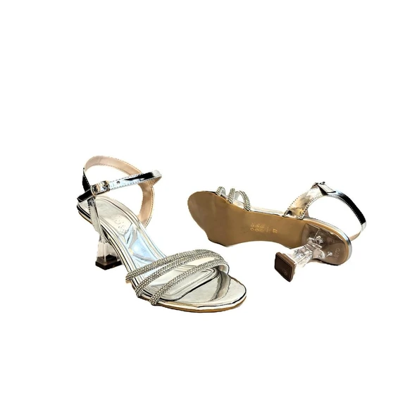 Fiyra 7027 Gümüş 7cm Kadeh Topuk Üçbant Taşlı Bayan Abiye Ayakkabı - 8