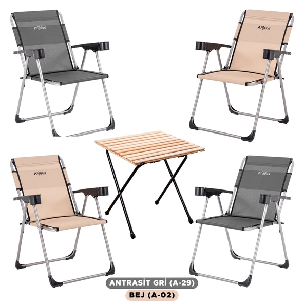4 Adet Katlanır Kamp Sandalyesi ve Masa Seti - Rock - Bej/Antrasit - Bardaklıklı - 140 KG ürün görseli