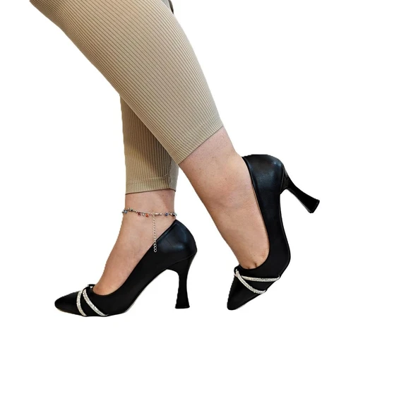 Fiyra 7030 Siyah Örgü Taşlı Kadeh Topuk Stiletto Topuklu Ayakkabı - 4