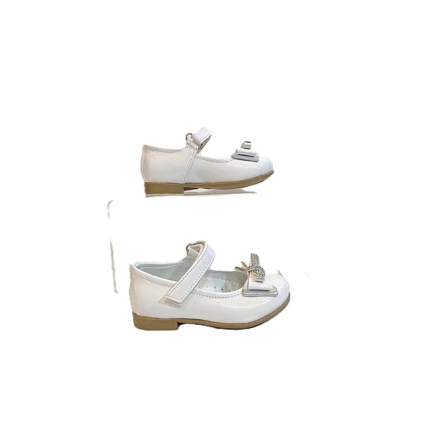 Fiyra 8013 Beyaz Rugan Taşlı Kurdeleli Cırtlı Bebe Babet - 2