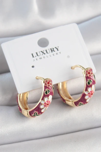 Pirinç Gold Renk Halka Mor Çiçek Mineli Kadın Küpe - EBJ250501W33526 ürün görseli