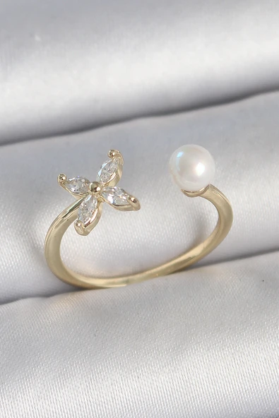 Pirinç Gold Renk Zirkon Taşlı Çiçek Model İnci Detay Ayarlanabilir Kadın Yüzük - EBJ250501W33621 ürün görseli