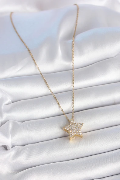 Gold Renk Zincir Zirkon Taşlı Yıldız Model Kadın Kolye - EBJ250501W33579 - Resim 2