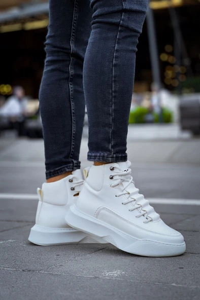 ET0321 Gizli Bağcıklı Erkek Yüksek Taban Beyaz Spor Bot - Resim 6