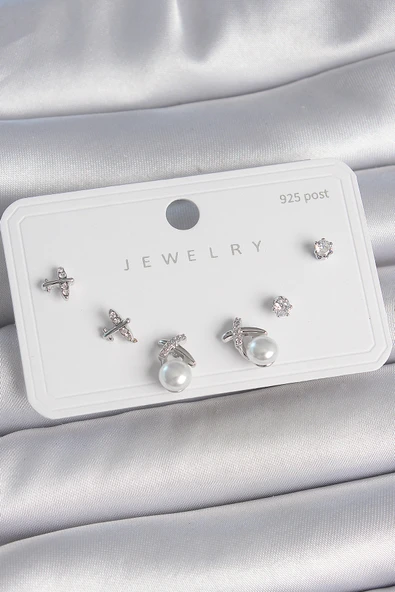 Pirinç Gümüş Renk Zirkon Taşlı Kelebek Model İnci Detay 925 Ayar Gümüş Çivi Kadın Küpe Seti - EBJ250501W33535 ürün görseli