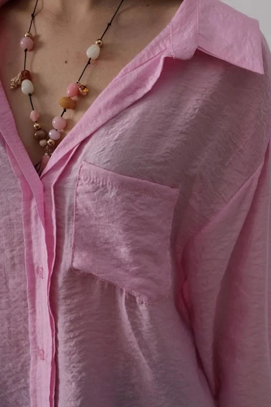 Cepli Oversize Gömlek - Pembe - Resim 4