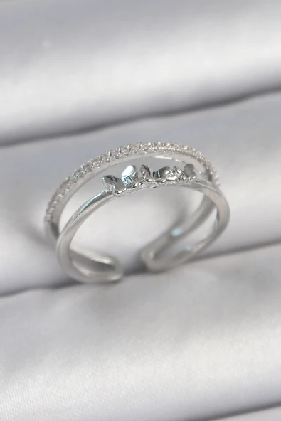 Pirinç Gümüş Renk 2'Li Zirkon Taş Detaylı Kelebek Figür Ayarlanabilir Model Kadın Yüzük - EBJ250501W33626 ürün görseli