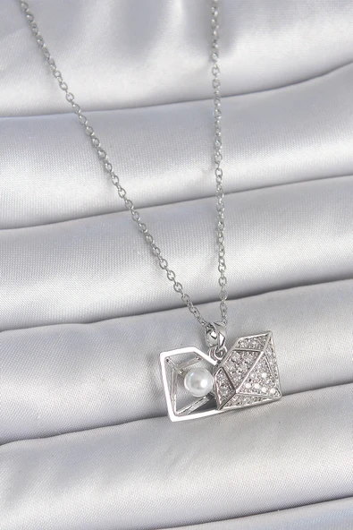 Gümüş Renk Zincir Zirkon Taşlı İncili Açılır Elmas Model Kadın Kolye - EBJ250501W33586 ürün görseli